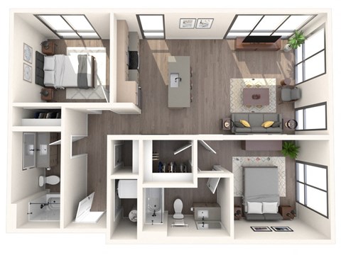 Floor plan for 2 beds, 2 baths, 1001 sqft